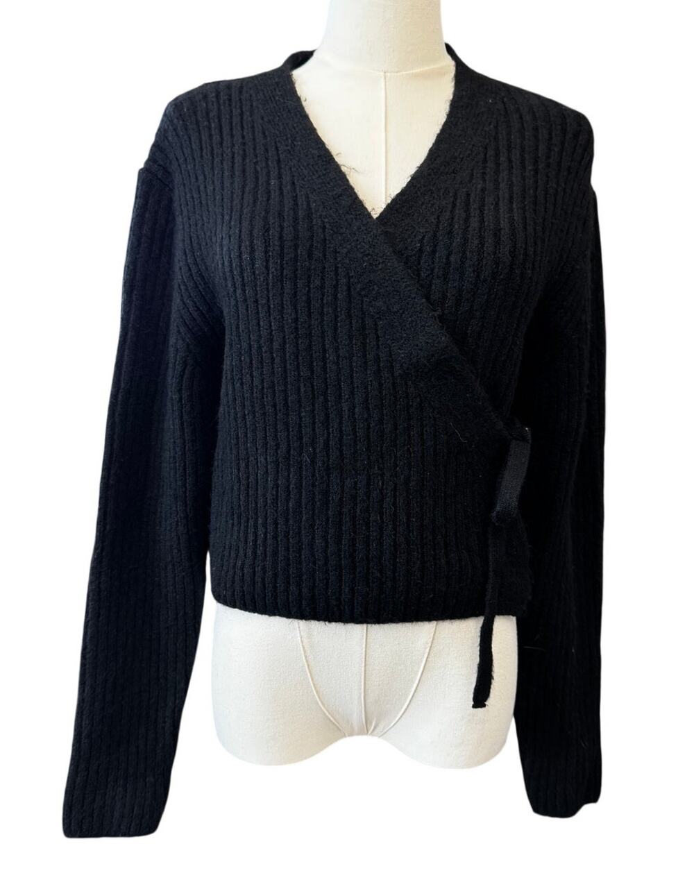 New TOPSHOP NORDSTROM Women's Black Knitted Rib Wrap Sweater Size 4-6